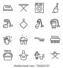 Thin line icon set : iron, board, washing machine, broom, vacuum cleaner, rag, wiping, house cleaning, brush, powder, apron, toilet