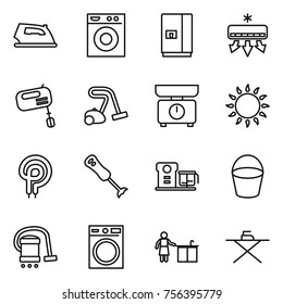 Thin line icon set : iron, washing machine, fridge, air conditioning, mixer, vacuum cleaner, kitchen scales, gas oven, elecric, blender, food processor, bucket, cleaning, board