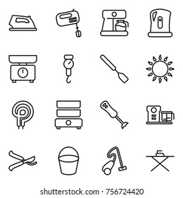 Thin line icon set : iron, mixer, coffee maker, kettle, kitchen scales, handle, spatula, gas oven, elecric, double boiler, blender, food processor, pruner, bucket, vacuum cleaner, board