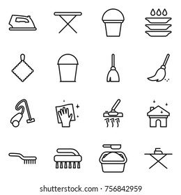Thin line icon set : iron, board, bucket, plate washing, rag, broom, vacuum cleaner, wiping, house cleaning, brush, powder