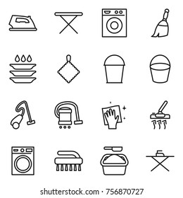 Thin line icon set : iron, board, washing machine, broom, plate, rag, bucket, vacuum cleaner, wiping, brush, powder