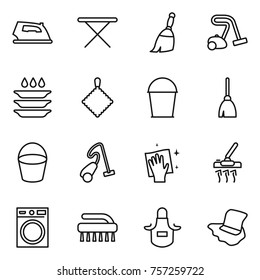 Thin line icon set : iron, board, broom, vacuum cleaner, plate washing, rag, bucket, wiping, machine, brush, apron, floor