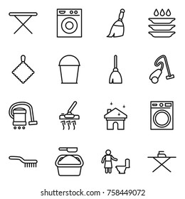 Thin line icon set : iron board, washing machine, broom, plate, rag, bucket, vacuum cleaner, house cleaning, brush, powder, toilet