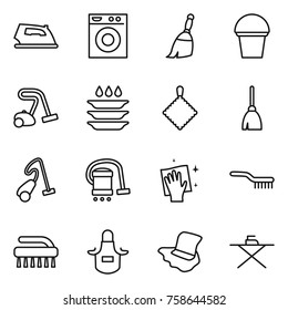 Thin line icon set : iron, washing machine, broom, bucket, vacuum cleaner, plate, rag, wiping, brush, apron, floor, board
