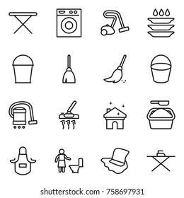 Thin line icon set : iron board, washing machine, vacuum cleaner, plate, bucket, broom, house cleaning, powder, apron, toilet, floor