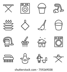 Thin line icon set : iron board, washing machine, bucket, vacuum cleaner, plate, rag, broom, house cleaning, brush, apron, toilet