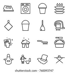 Thin line icon set : iron, washing machine, bucket, plate, rag, broom, vacuum cleaner, wiping, house cleaning, brush, powder, apron, toilet, floor, board