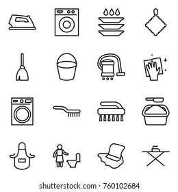 Thin line icon set : iron, washing machine, plate, rag, broom, bucket, vacuum cleaner, wiping, brush, powder, apron, toilet cleaning, floor, board