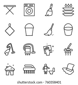 Thin line icon set : iron board, washing machine, broom, plate, rag, bucket, vacuum cleaner, wiping, house cleaning, brush, toilet, floor