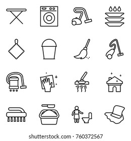 Thin line icon set : iron board, washing machine, vacuum cleaner, plate, rag, bucket, broom, wiping, house cleaning, brush, powder, toilet, floor