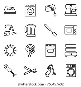 Thin line icon set : iron, washing machine, mixer, coffee maker, vacuum cleaner, kettle, spatula, grill oven, gas, elecric, double boiler, blender, pruner