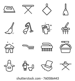Thin line icon set : iron, board, rag, broom, vacuum cleaner, wiping, house cleaning, brush, washing powder, apron, toilet, floor
