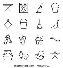 Thin line icon set : iron board, washing machine, broom, bucket, rag, vacuum cleaner, wiping, house cleaning, brush, powder, toilet, floor