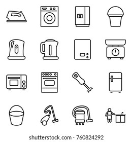Thin line icon set : iron, washing machine, fridge, bucket, kettle, kitchen scales, grill oven, blender, vacuum cleaner, cleaning
