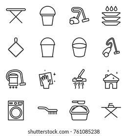 Thin line icon set : iron board, bucket, vacuum cleaner, plate washing, rag, wiping, house cleaning, machine, brush, powder