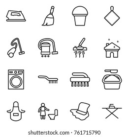Thin line icon set : iron, broom, bucket, rag, vacuum cleaner, house cleaning, washing machine, brush, powder, apron, toilet, floor, board