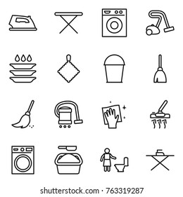 Thin line icon set : iron, board, washing machine, vacuum cleaner, plate, rag, bucket, broom, wiping, powder, toilet cleaning