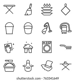 Thin line icon set : iron board, broom, plate washing, rag, bucket, vacuum cleaner, wiping, house cleaning, machine, brush, powder, apron, floor