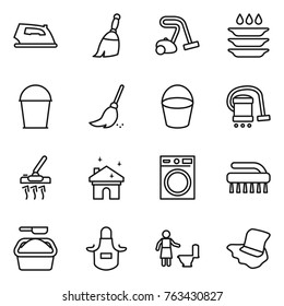 Thin line icon set : iron, broom, vacuum cleaner, plate washing, bucket, house cleaning, machine, brush, powder, apron, toilet, floor