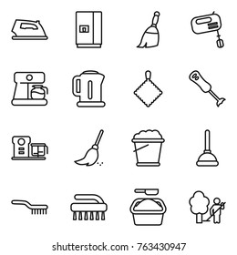 Thin line icon set : iron, fridge, broom, mixer, coffee maker, kettle, rag, blender, food processor, foam bucket, plunger, brush, washing powder, garden cleaning