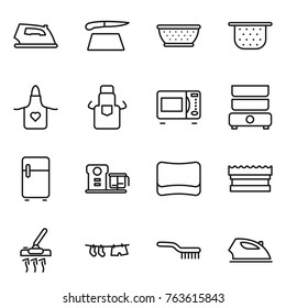 Thin line icon set : iron, cutting board, colander, apron, microwave oven, double boiler, fridge, food processor, sponge, vacuum cleaner, drying clothe, brush