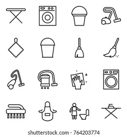 Thin line icon set : iron board, washing machine, bucket, vacuum cleaner, rag, broom, wiping, brush, apron, toilet cleaning
