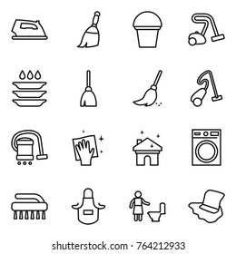 Thin Line Icon Set : Iron, Broom, Bucket, Vacuum Cleaner, Plate Washing, Wiping, House Cleaning, Machine, Brush, Apron, Toilet, Floor