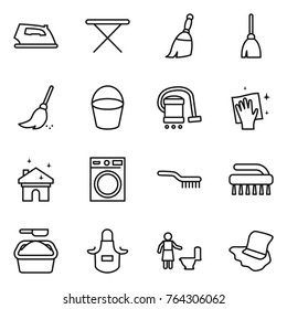 Thin line icon set : iron, board, broom, bucket, vacuum cleaner, wiping, house cleaning, washing machine, brush, powder, apron, toilet, floor