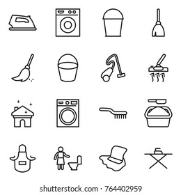 Thin line icon set : iron, washing machine, bucket, broom, vacuum cleaner, house cleaning, brush, powder, apron, toilet, floor, board