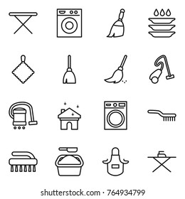 Thin line icon set : iron board, washing machine, broom, plate, rag, vacuum cleaner, house cleaning, brush, powder, apron