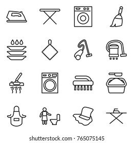 Thin line icon set : iron, board, washing machine, broom, plate, rag, vacuum cleaner, brush, powder, apron, toilet cleaning, floor