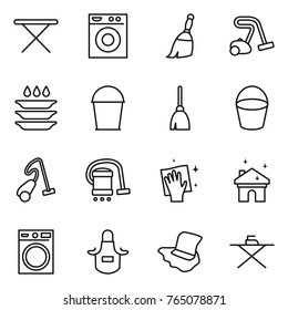 Thin line icon set : iron board, washing machine, broom, vacuum cleaner, plate, bucket, wiping, house cleaning, apron, floor