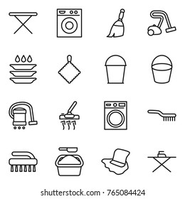 Thin line icon set : iron board, washing machine, broom, vacuum cleaner, plate, rag, bucket, brush, powder, floor