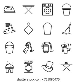 Thin line icon set : iron, board, washing machine, bucket, vacuum cleaner, rag, broom, wiping, house cleaning, floor