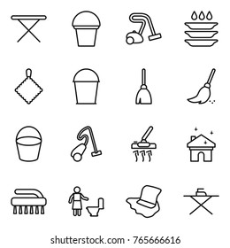 Thin line icon set : iron board, bucket, vacuum cleaner, plate washing, rag, broom, house cleaning, brush, toilet, floor