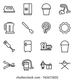 Thin line icon set : iron, fridge, bucket, vacuum cleaner, kettle, spatula, elecric oven, induction, blender, food processor, pruner, kitchen cleaning, board