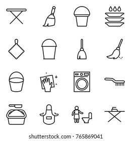 Thin line icon set : iron board, broom, bucket, plate washing, rag, wiping, machine, brush, powder, apron, toilet cleaning