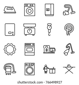 Thin line icon set : iron, washing machine, fridge, vacuum cleaner, kitchen scales, handle, elecric oven, induction, food processor, cleaning, board