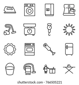 Thin Line Icon Set : Iron, Washing Machine, Fridge, Coffee Maker, Vacuum Cleaner, Kitchen Scales, Handle, Gas Oven, Induction, Blender, Bucket, Cleaning, Board