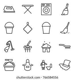 Thin line icon set : iron, board, washing machine, broom, bucket, rag, vacuum cleaner, house cleaning, brush, powder, apron, toilet, floor