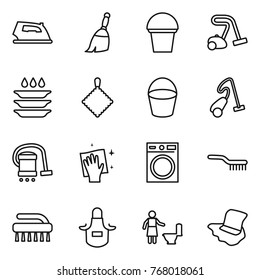 Thin line icon set : iron, broom, bucket, vacuum cleaner, plate washing, rag, wiping, machine, brush, apron, toilet cleaning, floor
