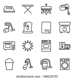 Thin line icon set : iron, board, air conditioning, mixer, vacuum cleaner, kettle, kitchen scales, grill oven, gas, food processor, bucket, washing machine