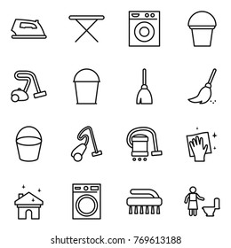 Thin line icon set : iron, board, washing machine, bucket, vacuum cleaner, broom, wiping, house cleaning, brush, toilet