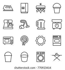 Thin line icon set : iron, fridge, air conditioning, bucket, coffee maker, vacuum cleaner, kettle, kitchen scales, grill oven, elecric, induction, washing machine, board