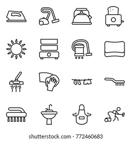 Thin line icon set : iron, vacuum cleaner, kettle, toaster, gas oven, double boiler, sponge, wiping, drying clothe, brush, water tap sink, apron