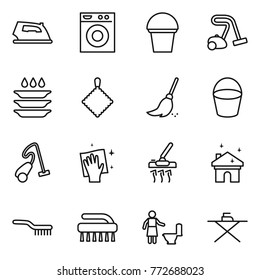 Thin line icon set : iron, washing machine, bucket, vacuum cleaner, plate, rag, broom, wiping, house cleaning, brush, toilet, board