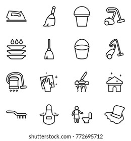 Thin line icon set : iron, broom, bucket, vacuum cleaner, plate washing, wiping, house cleaning, brush, apron, toilet, floor