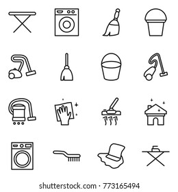 Thin line icon set : iron board, washing machine, broom, bucket, vacuum cleaner, wiping, house cleaning, brush, floor