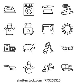 Thin line icon set : iron, washing machine, cutting board, vacuum cleaner, apron, toaster, microwave oven, gas, food processor, sheep, drying clothe, brush, home call cleaning
