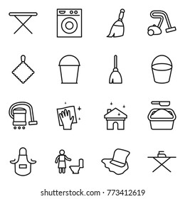 Thin line icon set : iron board, washing machine, broom, vacuum cleaner, rag, bucket, wiping, house cleaning, powder, apron, toilet, floor